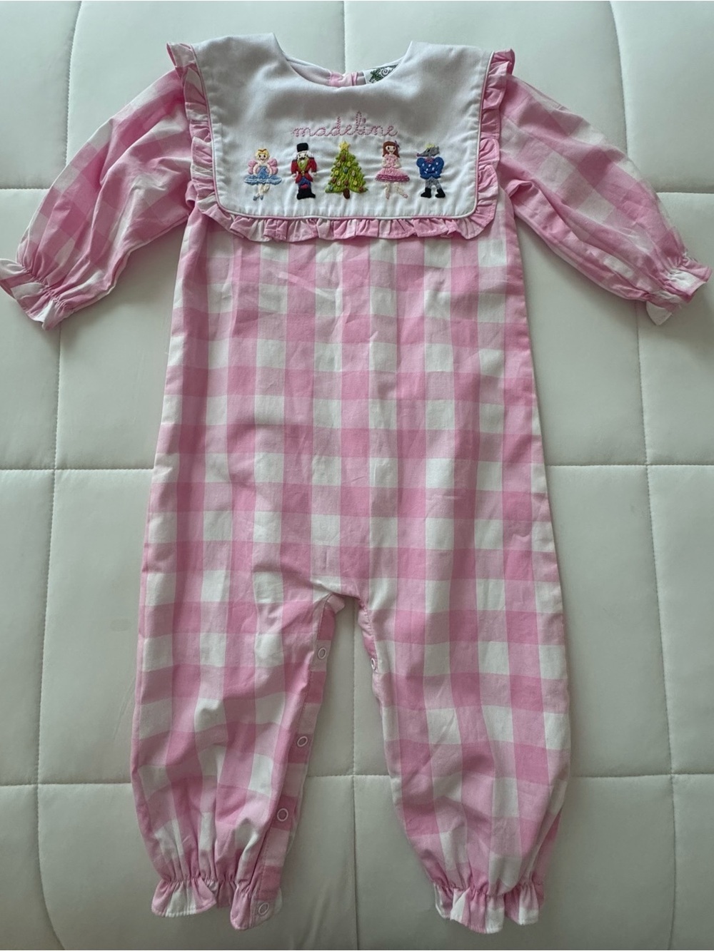 Cecil & Lou Pink Gingham Embroidered Bib One-Piece Footie